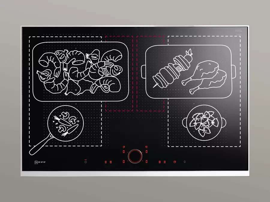 Flex-Induktionskochfeld von Neff mit zwei Kochzonen, dargestellt mit weißen Linienzeichnungen von Meeresfrüchten, Fleisch und Gemüse auf schwarzem Kochfeld.