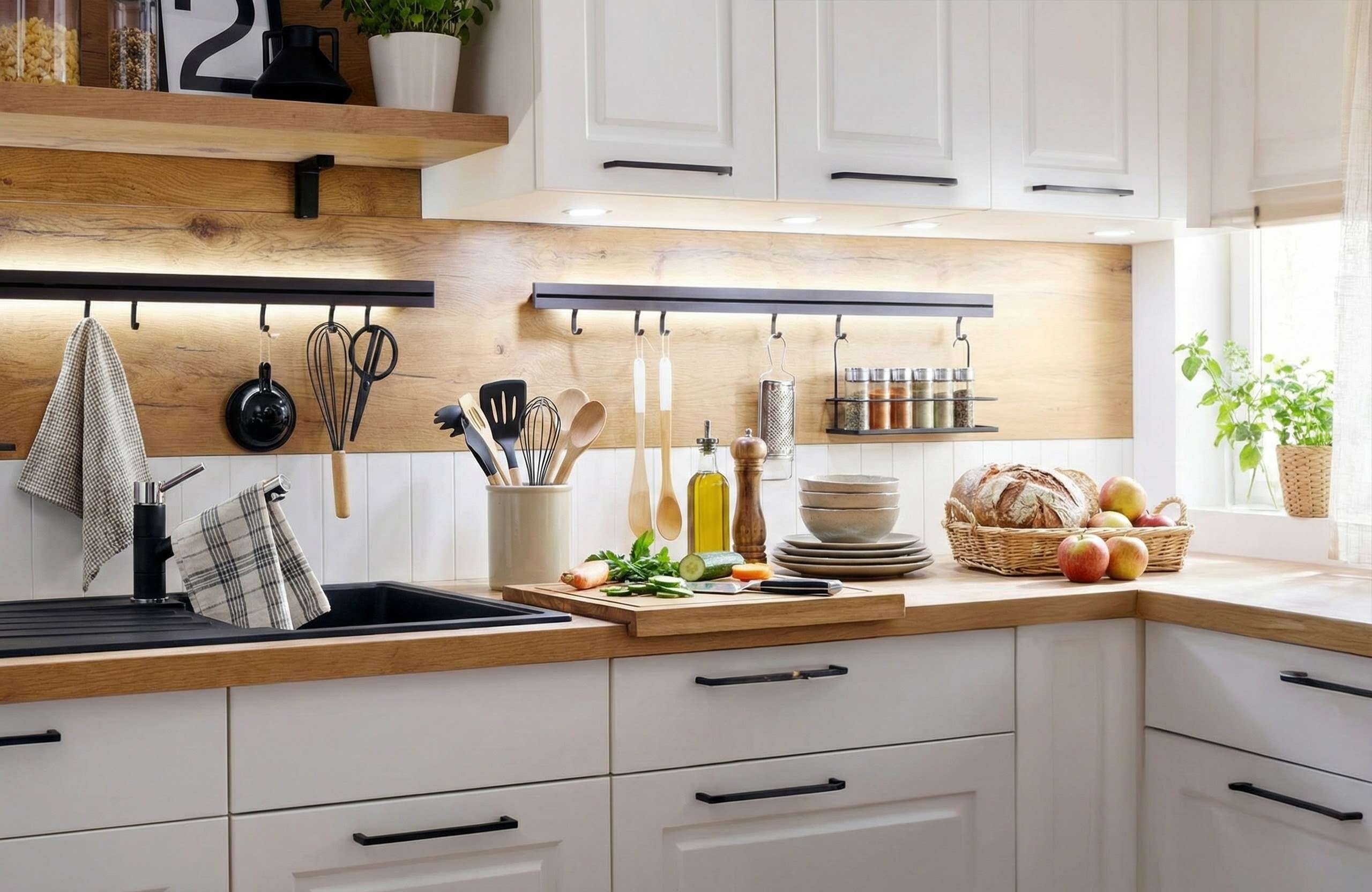 Holzrückwand mit offenen Regalen und integrierter Beleuchtung in einer Burger Küche.