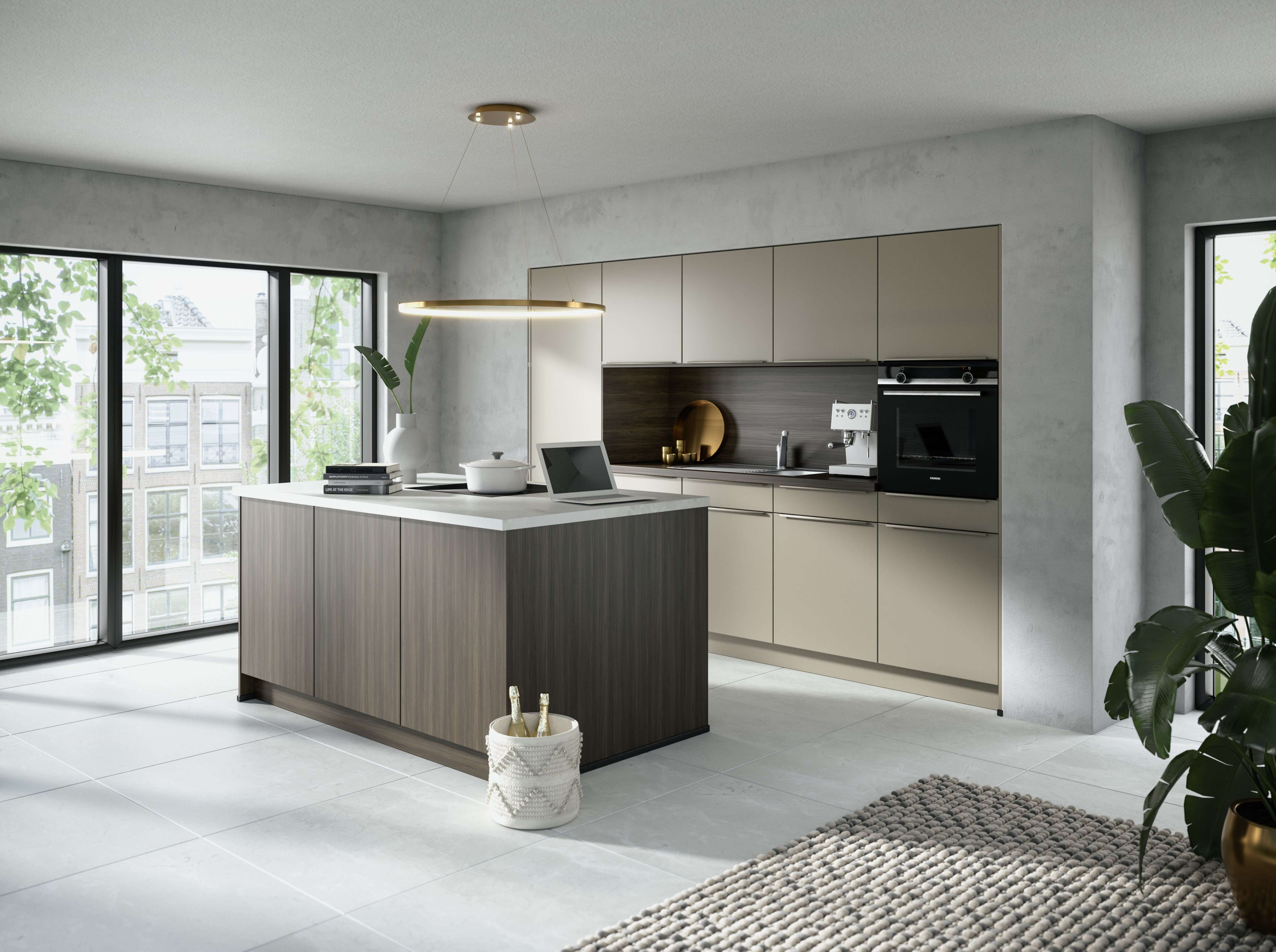 Küche der Baumann Group mit Insel in dunklen Tönen